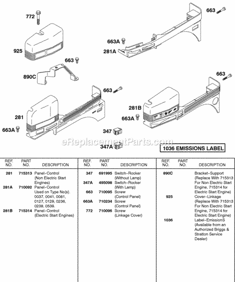 Control Panel Diagram and Parts List for 115432-0029-01  Briggs and Stratton Engine